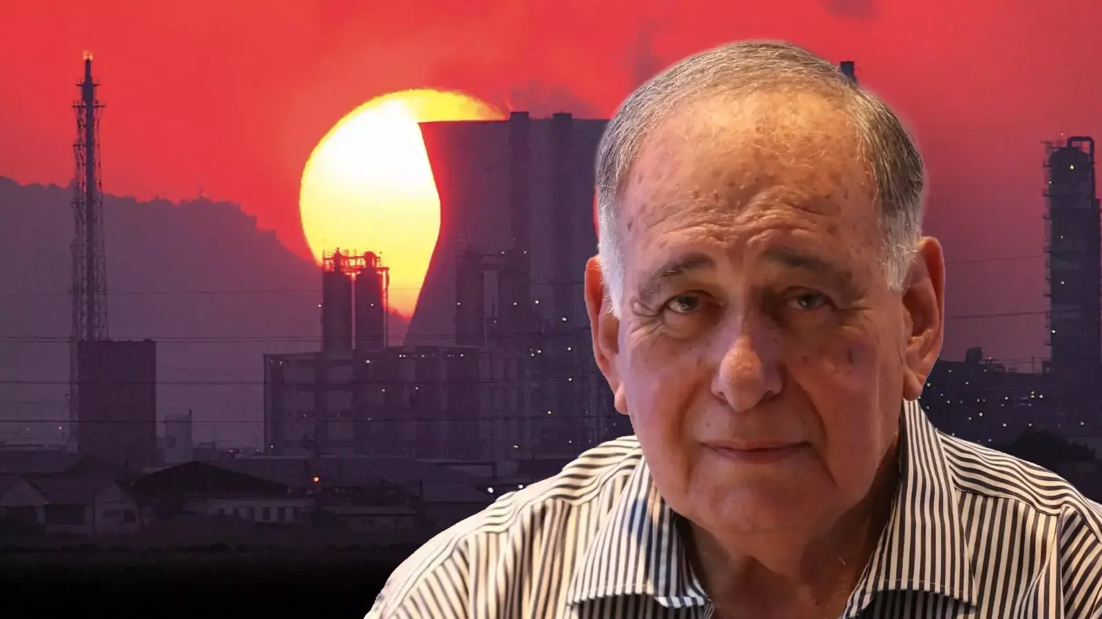 יונה יהב על רקע בתי זיקוק במפרץ חיפה
