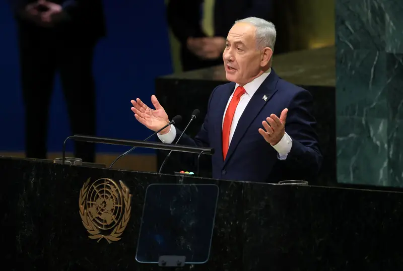 ראש ממשלת ישראל בנימין נתניהו נואם בפני העצרת הכללית ה-81 של האו"ם במטה הארגון בניו יורק, ארה"ב, ב-24 בספטמבר 2026.