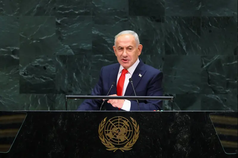 ראש ממשלת ישראל בנימין נתניהו נואם בפני העצרת הכללית ה-81 של האו"ם במטה הארגון בניו יורק, ארה"ב, ב-24 בספטמבר 2026.