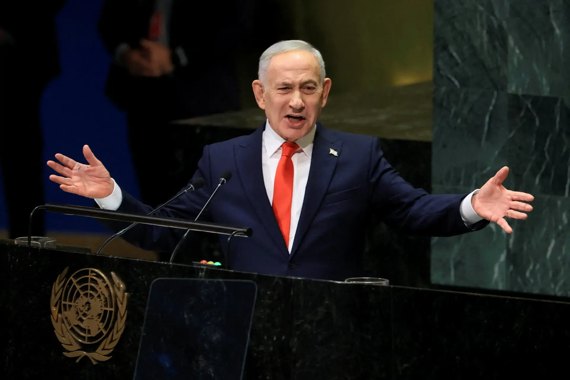 ראש ממשלת ישראל בנימין נתניהו נואם באו"ם בניו יורק, 24 בספטמבר 2026. 