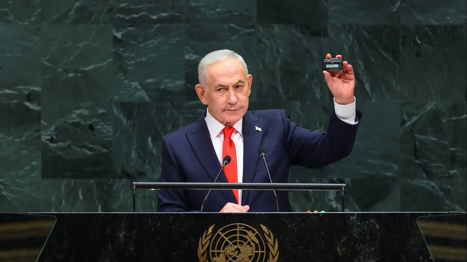ראש ממשלת ישראל בנימין נתניהו נואם באו"ם בניו יורק, 24 בספטמבר 2026. 