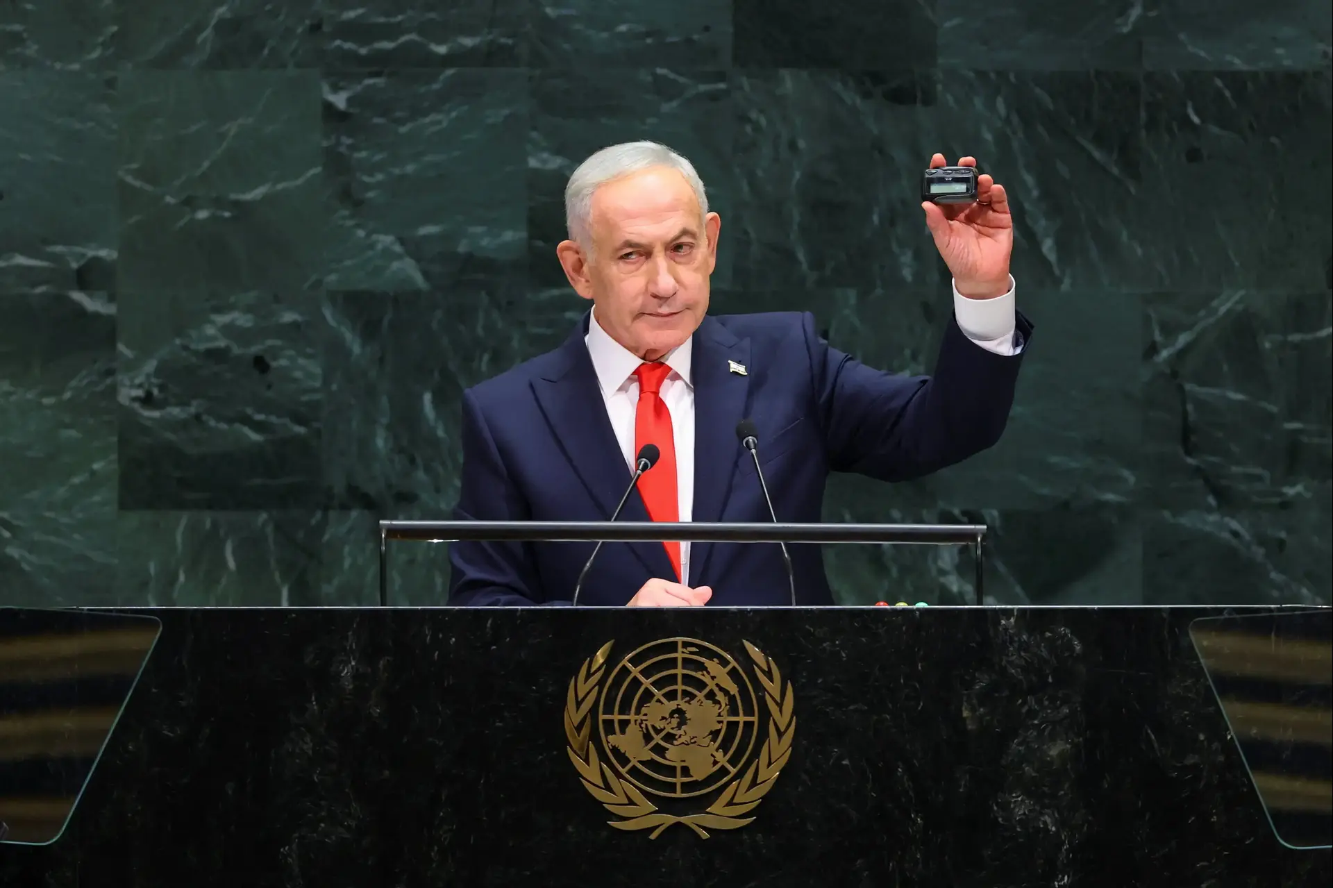 ראש ממשלת ישראל בנימין נתניהו נואם באו"ם בניו יורק, 24 בספטמבר 2026. 